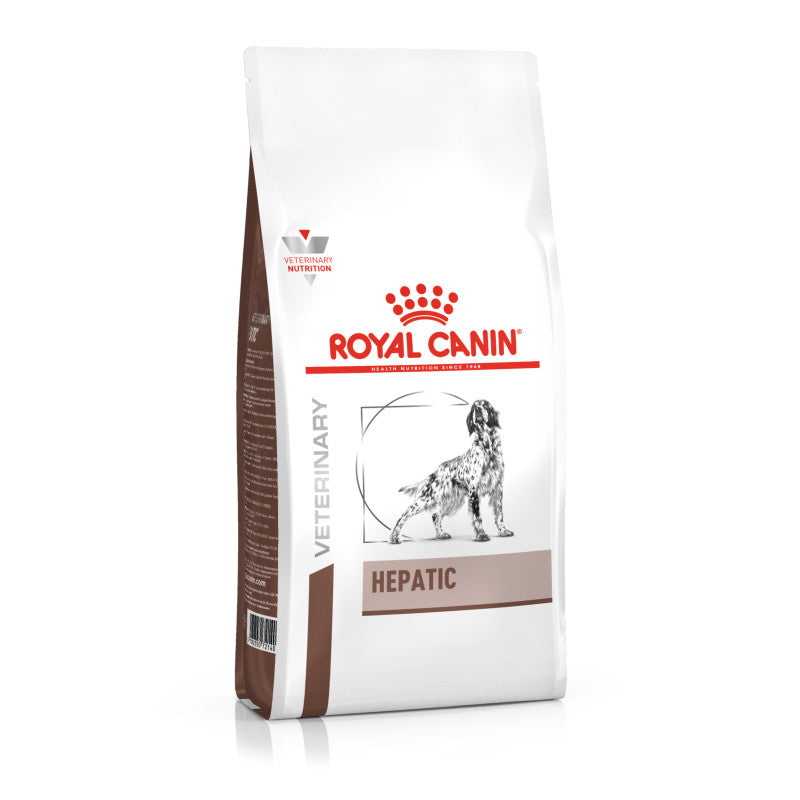 Royal Canin Veterinary Canine Hepatic Dry Dog Food bag with a dog illustration on the front.