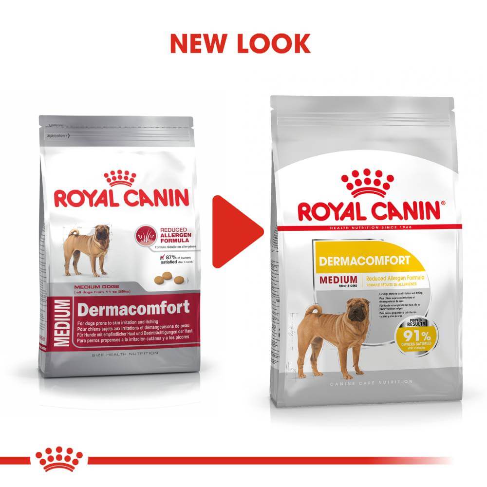 Two Royal Canin Medium Dermacomfort bags with a reduced allergen formula for skin irritation.