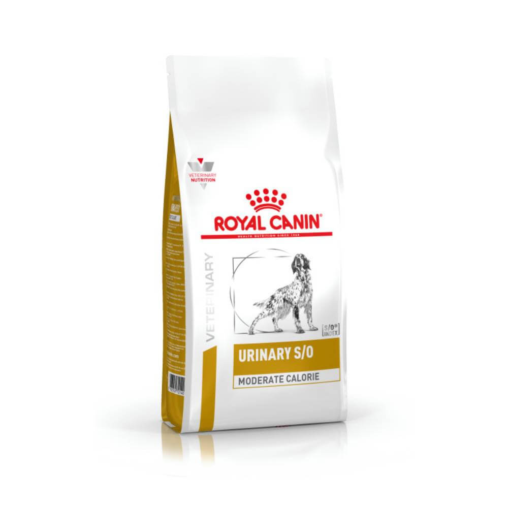Royal Canin Veterinary Urinary S/O Moderate Calorie dog food for struvite stone dissolution.