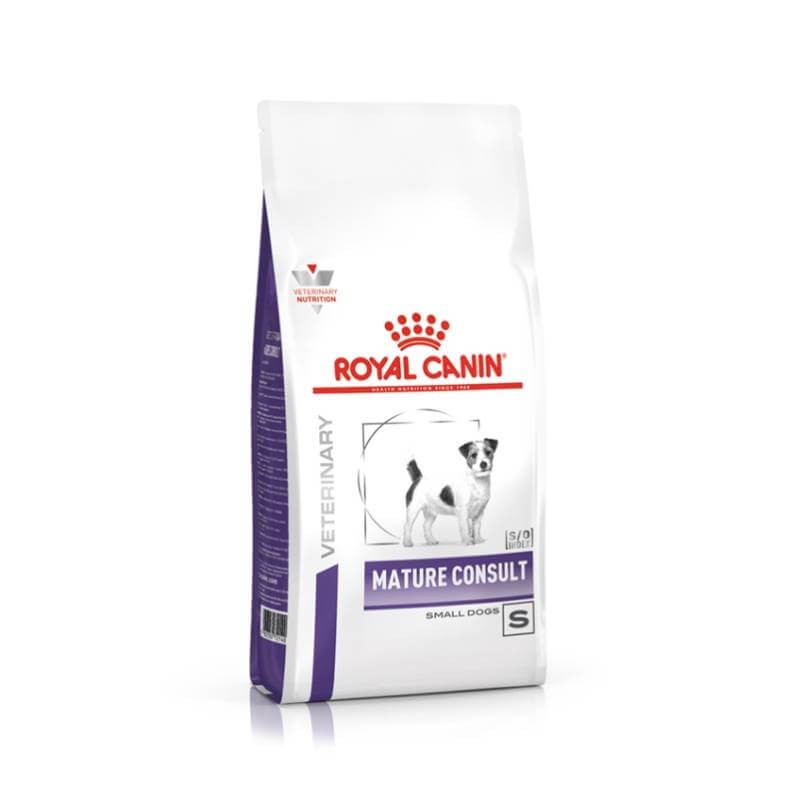 Royal Canin Veterinary Mature Consult Senior Small Dog Food, supports dental health.