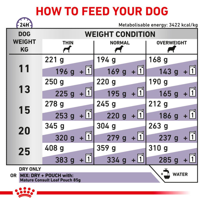 Medium breed senior dog feeding chart using Royal Canin Veterinary Mature Consult, plus water icons.