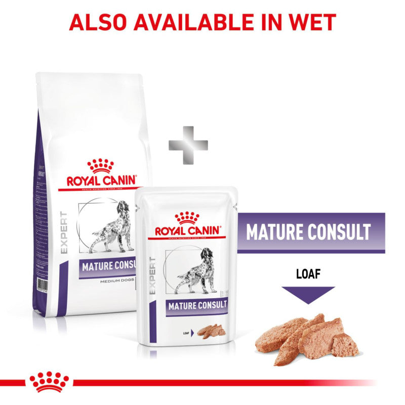 Royal Canin Veterinary Mature Consult Senior Dry Dog Food for medium breed senior dogs shown.