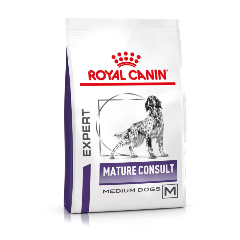Royal Canin Veterinary Mature Consult Senior Dry Dog Food for medium breed senior dogs.