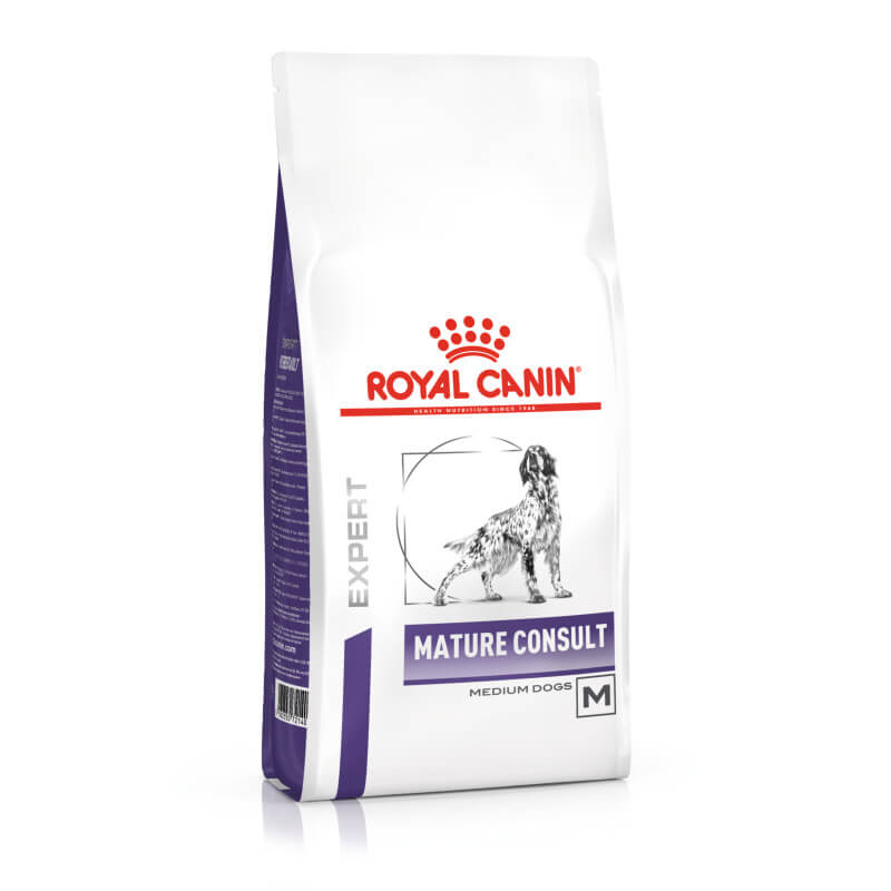 White bag of Royal Canin Veterinary Mature Consult Senior Dry Dog Food for medium breed seniors.