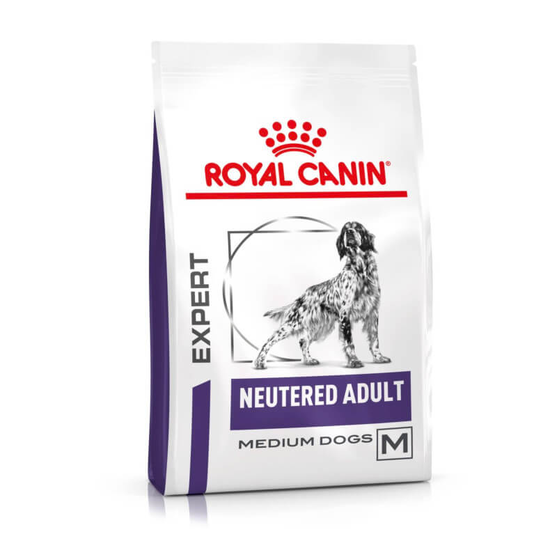 Royal Canin Veterinary Neutered Adult Dry Medium Dog Food, with dog image on the bag.