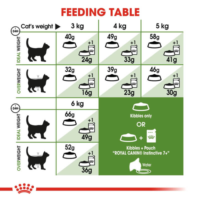 Royal Canin Outdoor 7+ feeding table lists daily amounts for vitality and joint support.