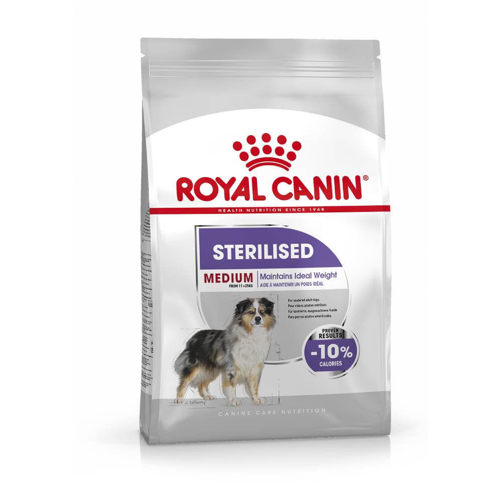 Royal Canin Medium Sterilised Care dog food for weight management in a convenient bag.