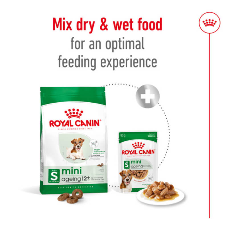 Royal Canin Mini Ageing +12 1.5kg supports healthy ageing in senior small breed dogs.