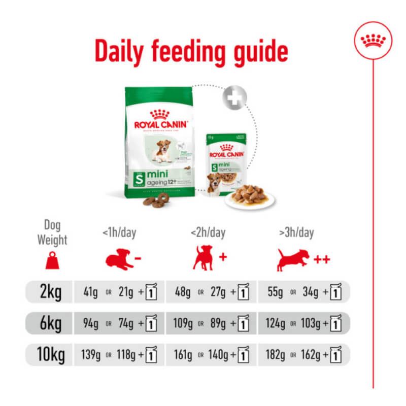 Daily feeding guide for Royal Canin Mini Ageing +12 1.5kg to support healthy ageing.