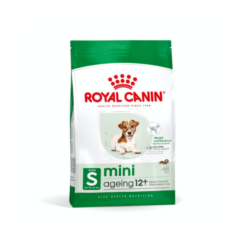 Green and white Royal Canin Mini Ageing +12 1.5kg bag for senior small dogs, dog image on front.
