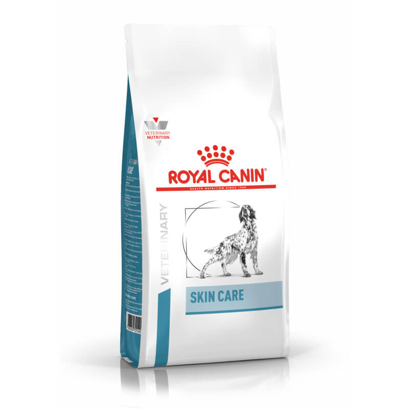Royal Canin Veterinary Canine Skin Care dog food for sensitive skin with a dog illustration.