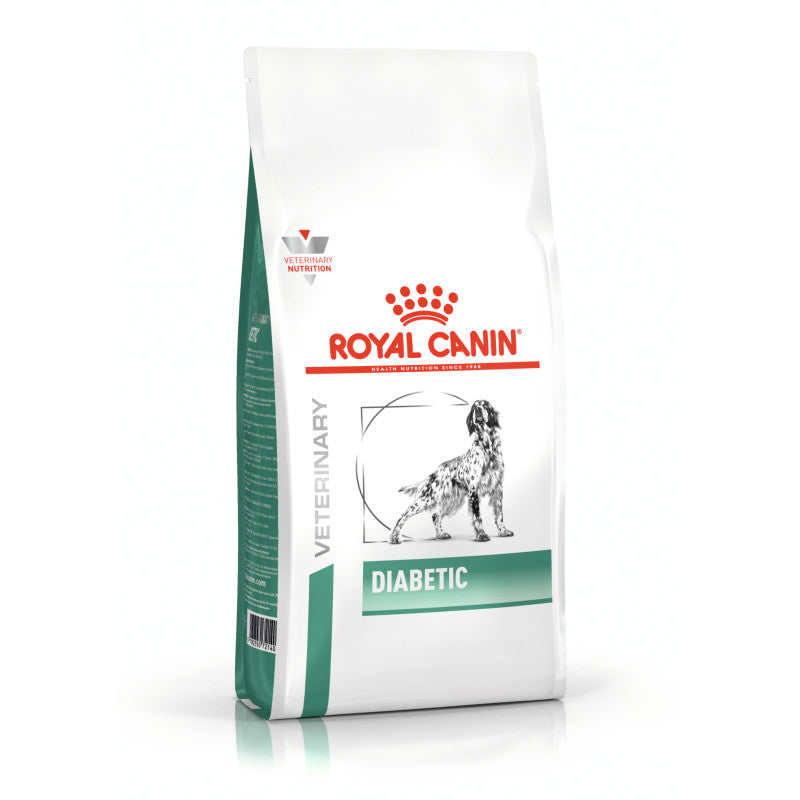 Royal Canin Veterinary Canine Diabetic dog food bag with a dog illustration on the front.