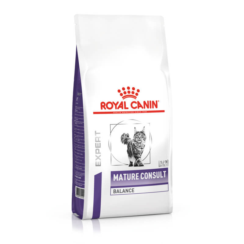White bag of Royal Canin Veterinary Feline Mature Consult Balance Cat Food for senior cats.