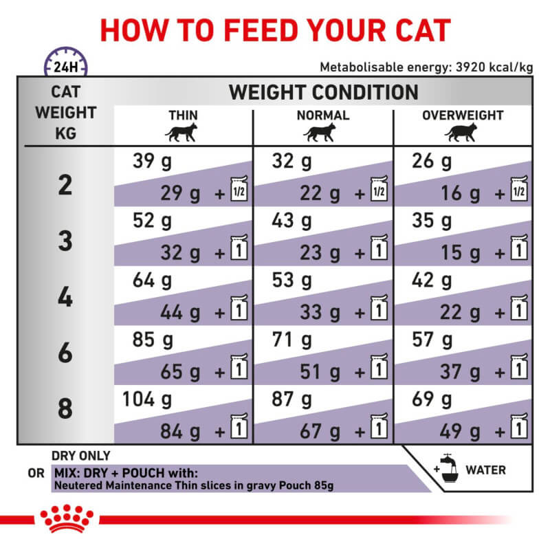 Feeding chart: daily grams by weight and body for Royal Canin Veterinary Adult Dry Cat Food.