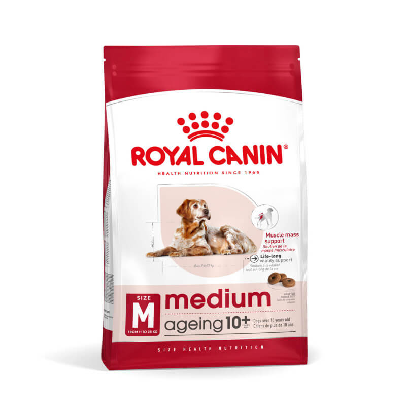 Royal Canin Medium Ageing 10+ red and white bag dog food for senior dogs.