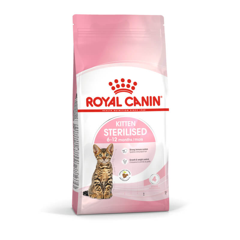 Royal Canin Kitten Sterilised bag in pink and white with a tabby kitten on the front.