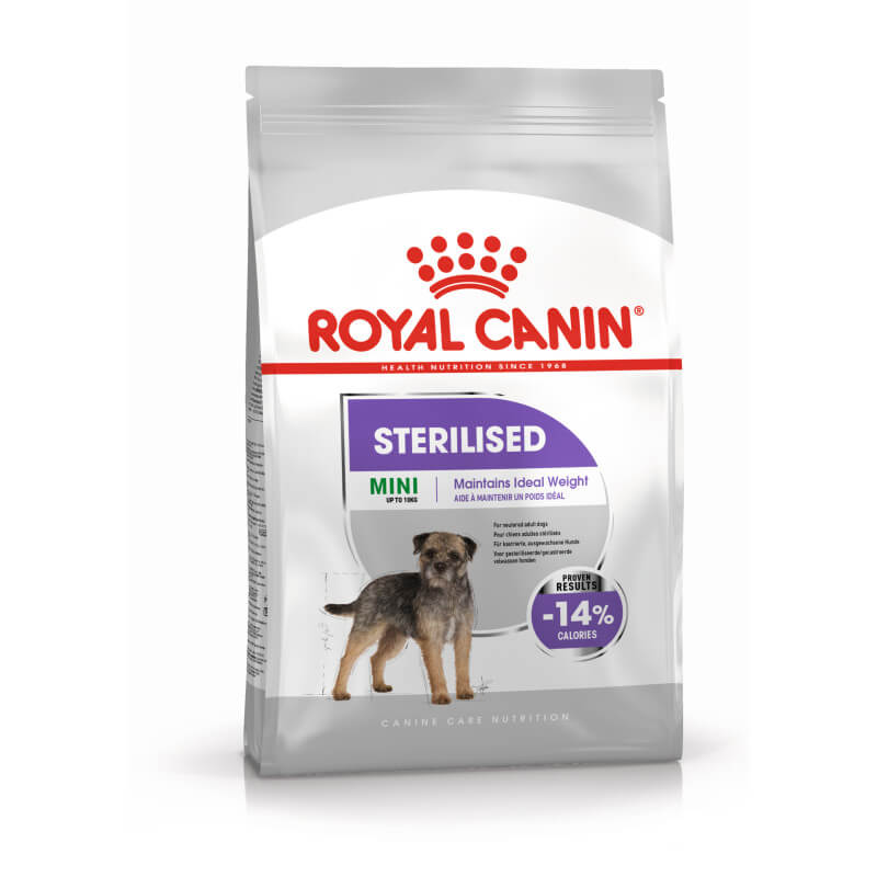 Royal Canin Mini Sterilised Adult Care for weight management in small breed dogs.