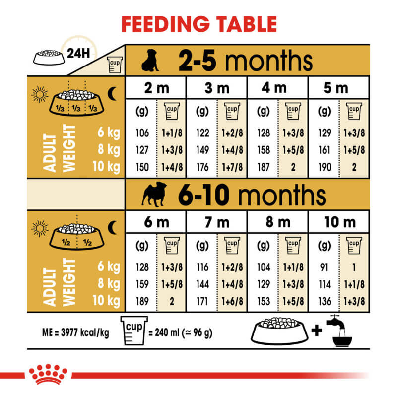 Royal Canin Pug Puppy 1.5kg food chart in cups, with nutrition tailored for pug puppies.