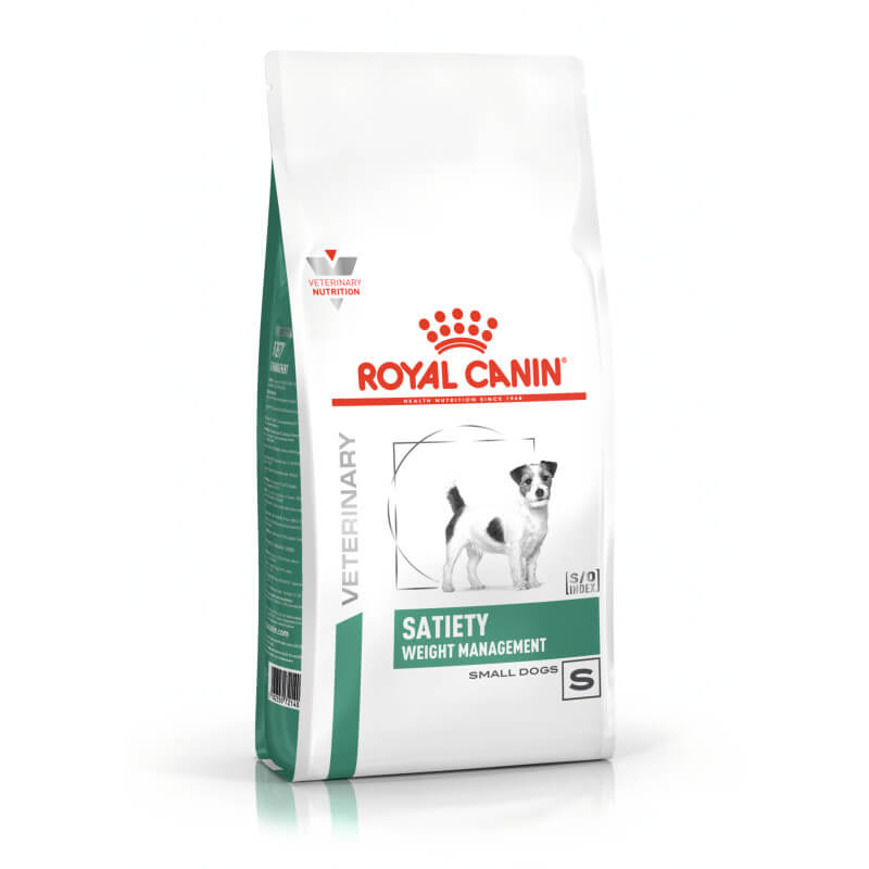 Royal Canin Veterinary Satiety Weight Control Small Dog 1.5kg bag, white with a dog.