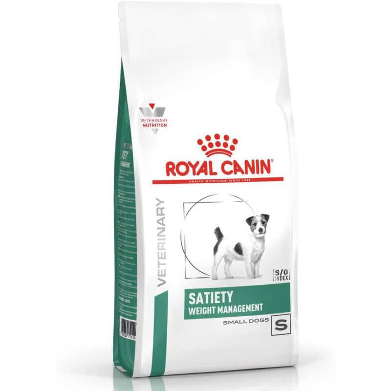 Royal Canin Veterinary Satiety Weight Control Small Dog 8kg in a white and green bag.