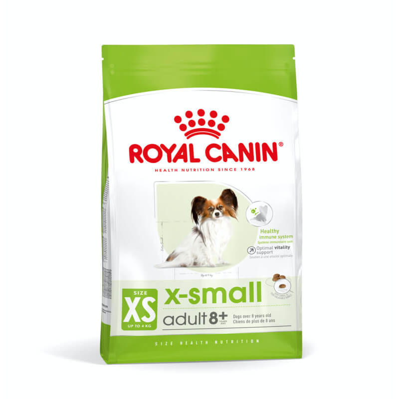 Royal Canin X-Small Adult 8+ 1.5kg senior tiny dog food for small aging breeds.