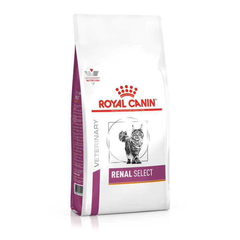 Royal Canin Veterinary Renal Select Adult Dry Cat Food bag with a cat image on the front.