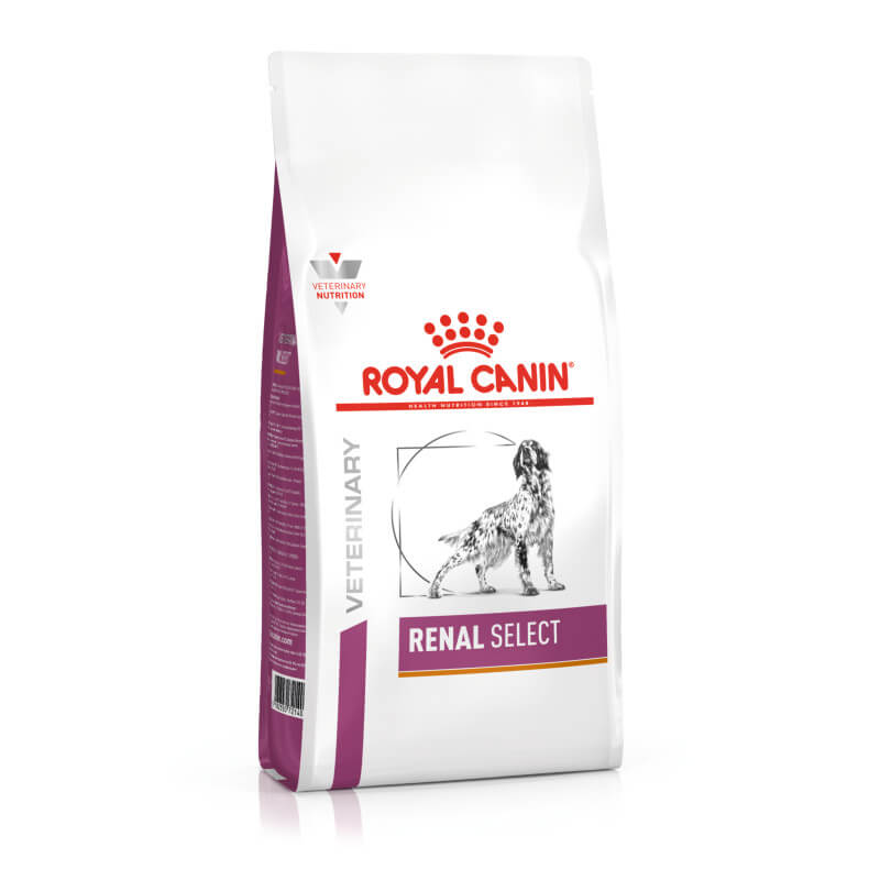 White bag of Royal Canin Veterinary Renal Select Adult Dry Dog Food with a dog sketch on front.