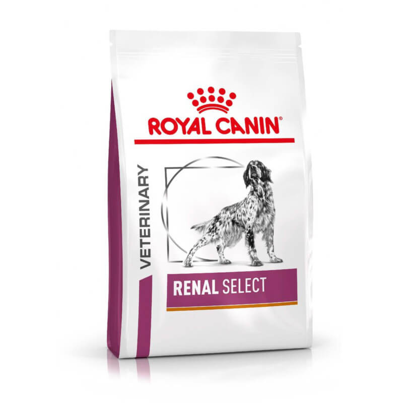 A bag of Royal Canin Veterinary Renal Select Adult Dry Dog Food for renal insufficiency.