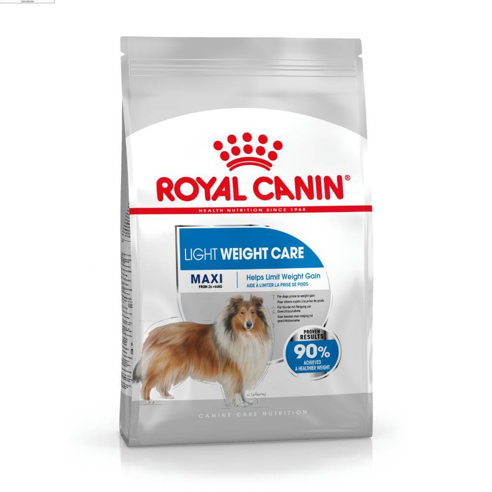 Royal Canin Maxi Light Weight Care dog food featuring a Rough Collie on the front.