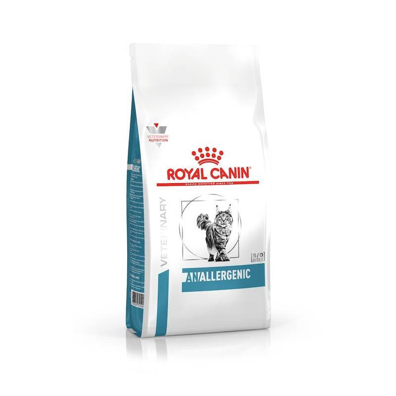 Royal Canin Veterinary Feline Anallergenic cat food bag features a cat illustration on the front.