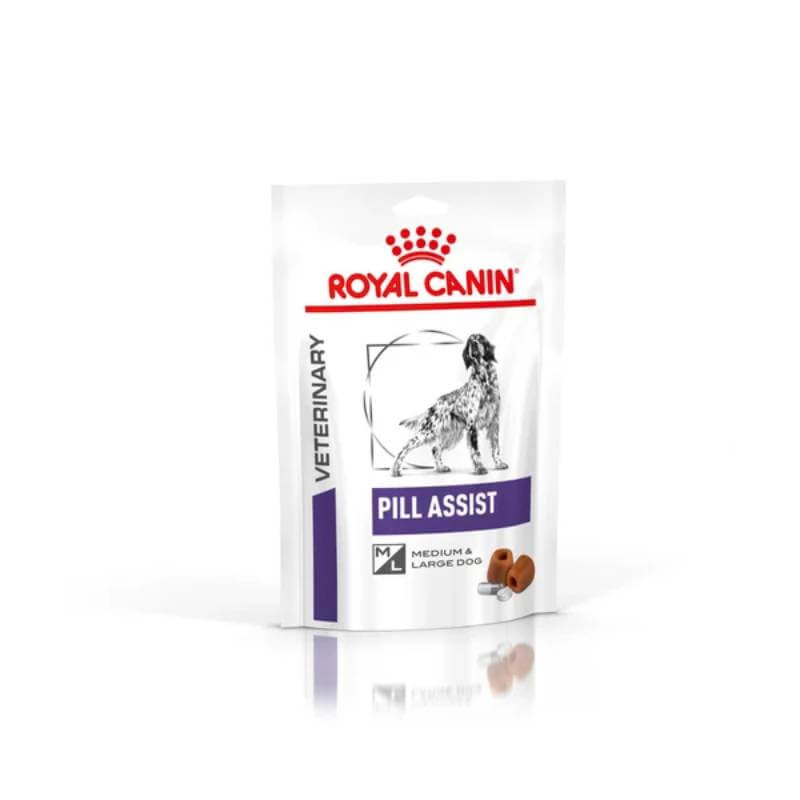 Royal Canin Veterinary Pill Assist Large Dogs 224g, white bag with dog illustration.