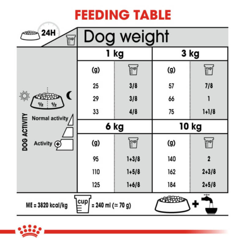 Royal Canin Mini Dental feeding chart for small dogs with food, activity, and cup measures.