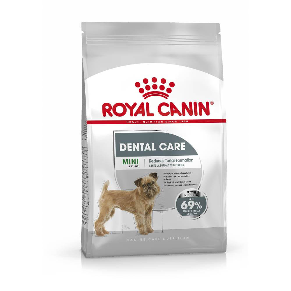 Royal Canin Mini Dental dog food for small breeds, supports dental health and tartar reduction.
