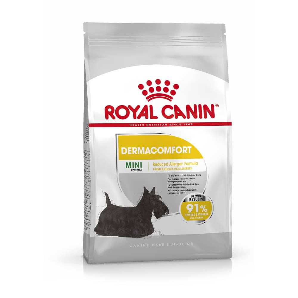 Royal Canin Mini Dermacomfort dog food for small breeds supports skin health.
