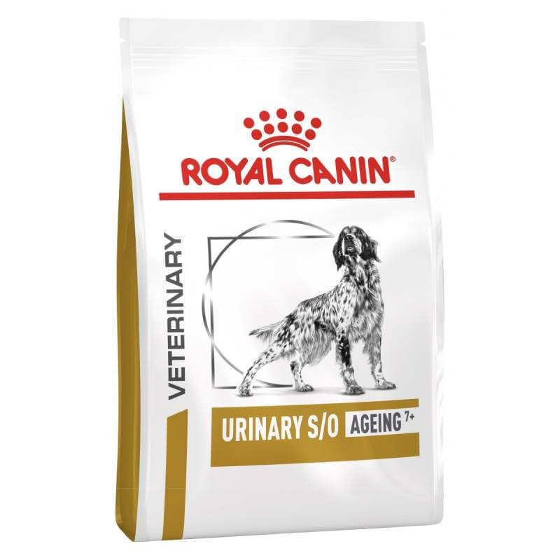 Royal Canin Veterinary Urinary S/O Ageing 7+ 8kg helps dissolve struvite stones in senior dogs.