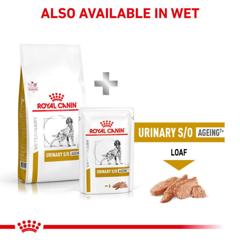 Royal Canin Veterinary Urinary S/O Ageing 7+ 8kg helps dissolve struvite stones in senior cats.