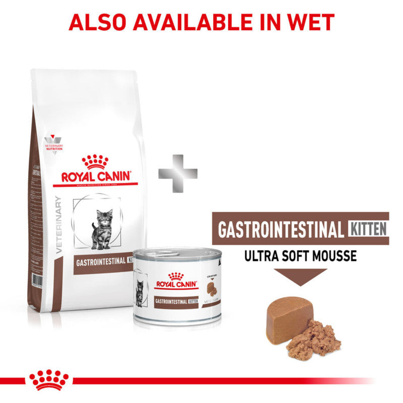 Royal Canin Veterinary Gastrointestinal Kitten supports digestion; also in wet mousse form.