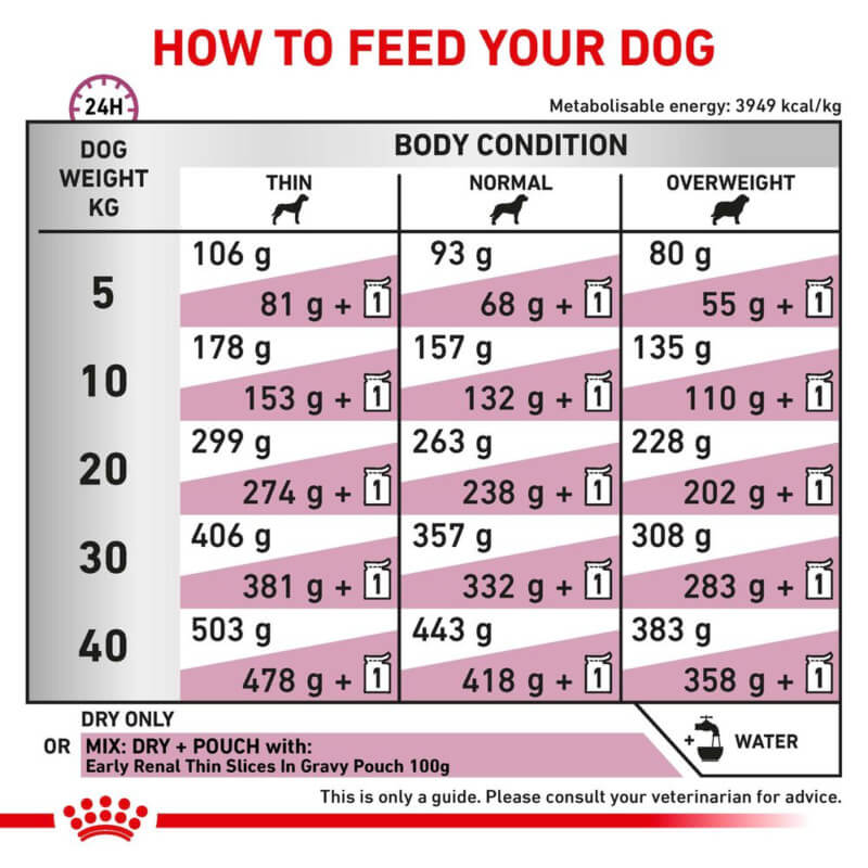 Dog feeding chart and water tips, featuring Royal Canin Veterinary Early Renal Dry Dog Food.