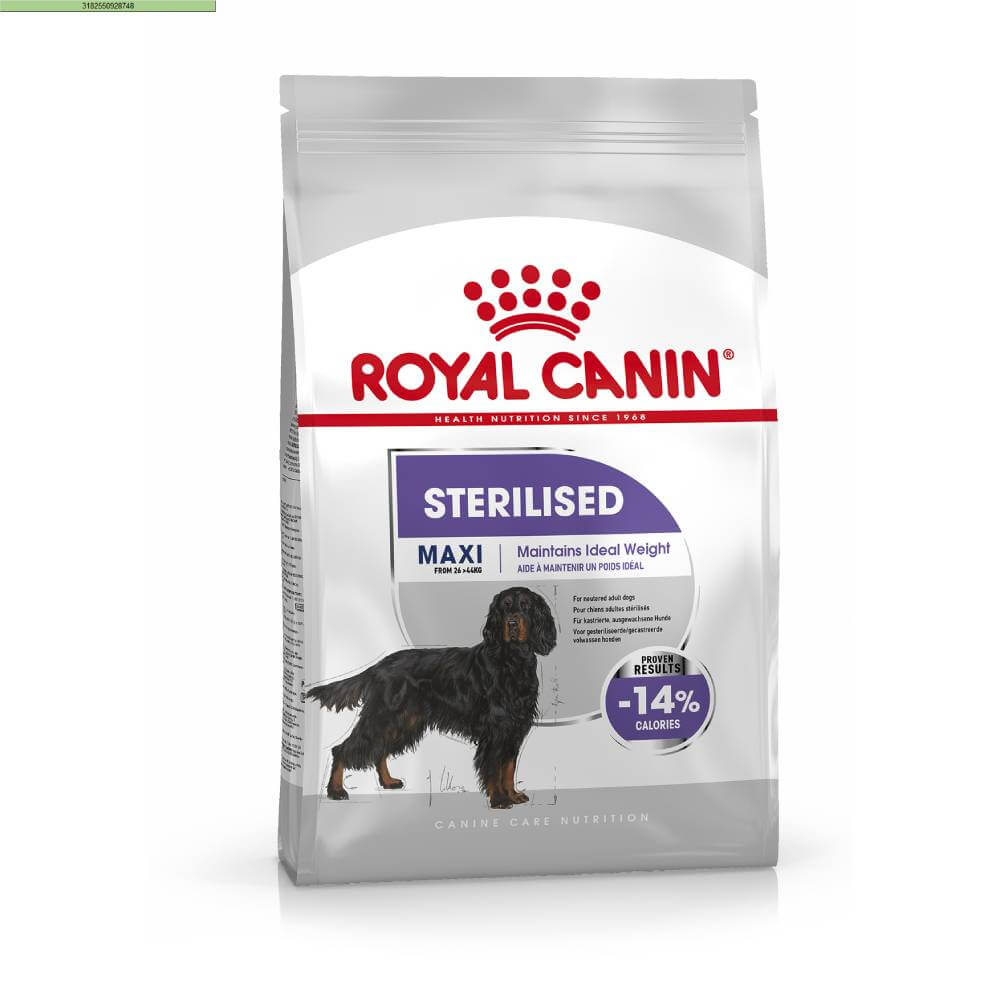 Royal Canin Maxi Sterilised for neutered large breed dogs, features a black dog on the pack.
