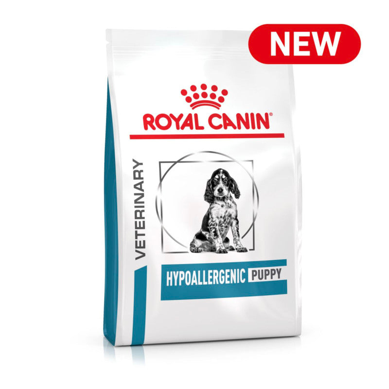 White bag of Royal Canin Veterinary Hypoallergenic Puppy food with NEW label for puppies.