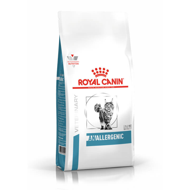 White bag of Royal Canin Veterinary Feline Anallergenic cat food with a cat illustration.