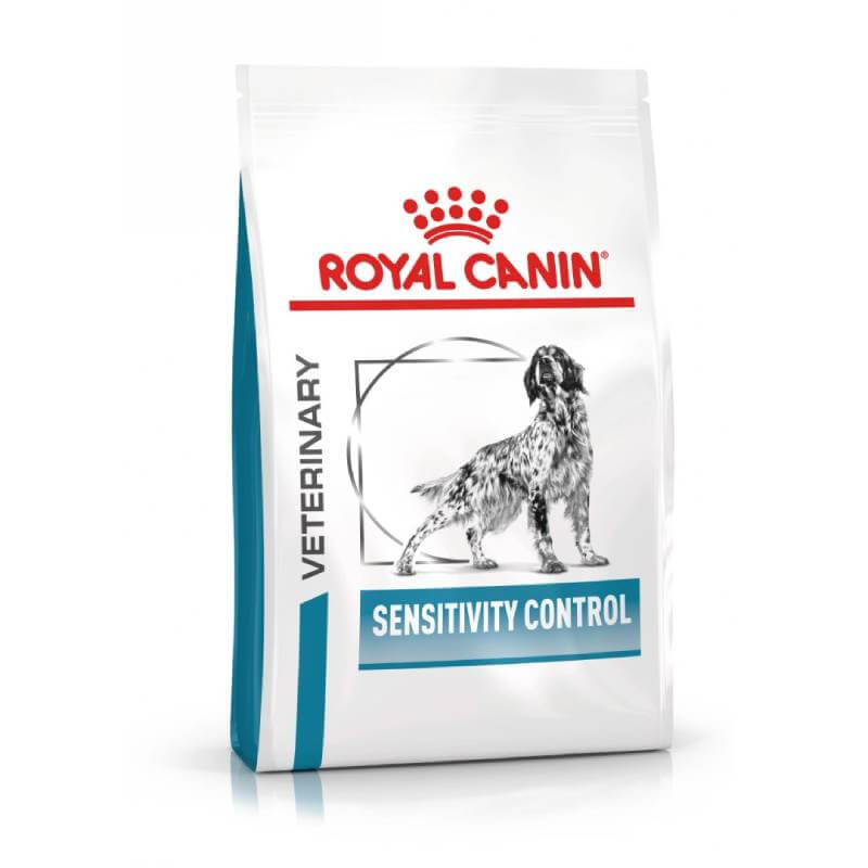 A bag of Royal Canin Veterinary Sensitivity Control Adult Dry Dog Food with a dog illustration.