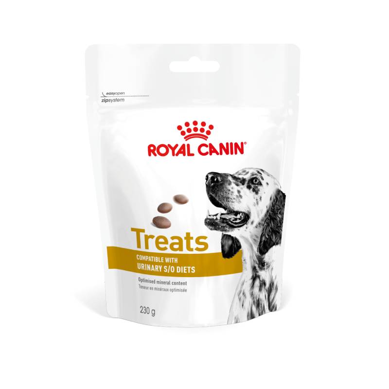 White bag of Royal Canin Veterinary Urinary S/O Treats 230g, with black and white dog.