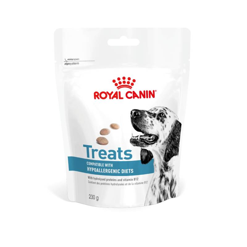 Royal Canin Veterinary Hypoallergenic Treats 230g for dogs, made with hydrolysed protein.