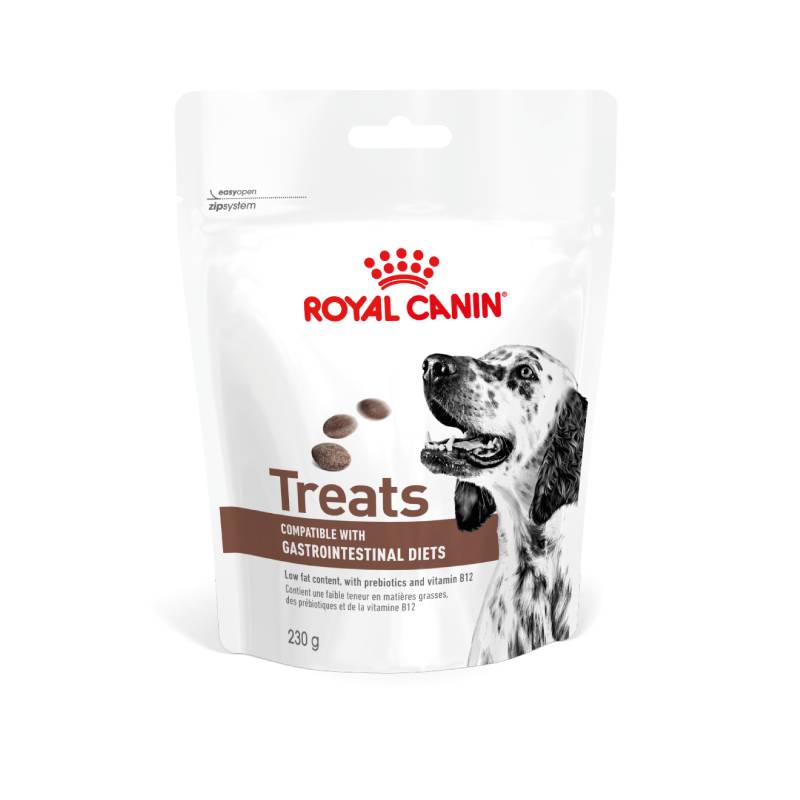Royal Canin Veterinary Gastrointestinal Treats 230g with red logo and a black and white dog on pack.