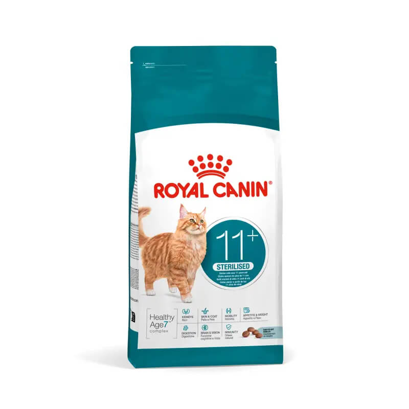 Royal Canin Feline Ageing Sterilised 11+ bag with an orange cat on the front.