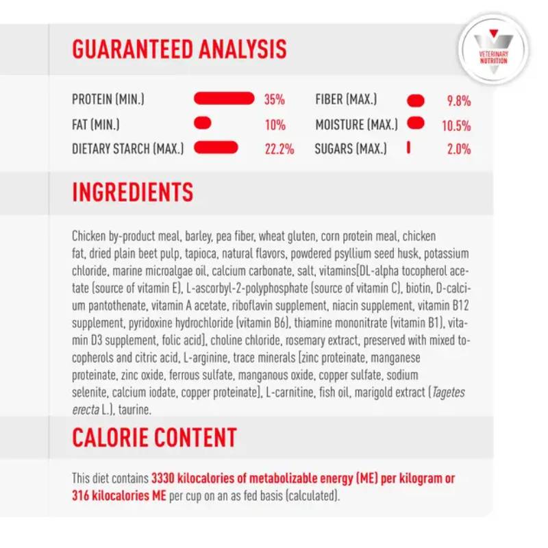 Royal Canin Veterinary Canine Glycobalance label shows glucose support, ingredients, and calories.