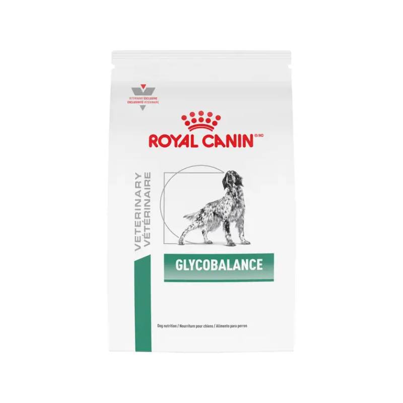 White bag of Royal Canin Veterinary Canine Glycobalance with black and white dog illustration.