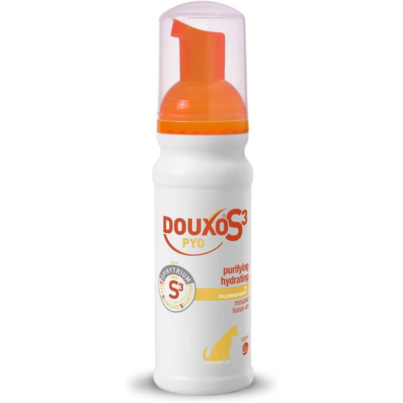 White bottle of DOUXO S3 PYO Antibacterial & Anti-Yeast Mousse for dogs with orange pump.