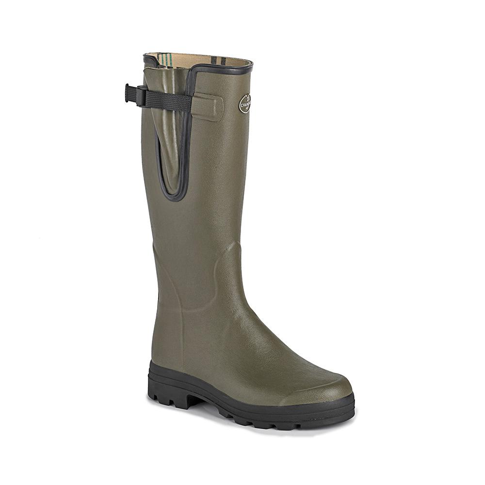 Le Chameau Vierzon Womens: green, adjustable boot with black sole and waterproof gusset.